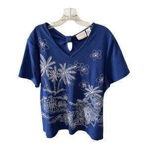 Alfred Dunner Women’s 1X Blue Embellished Tropical Short Sleeve Top